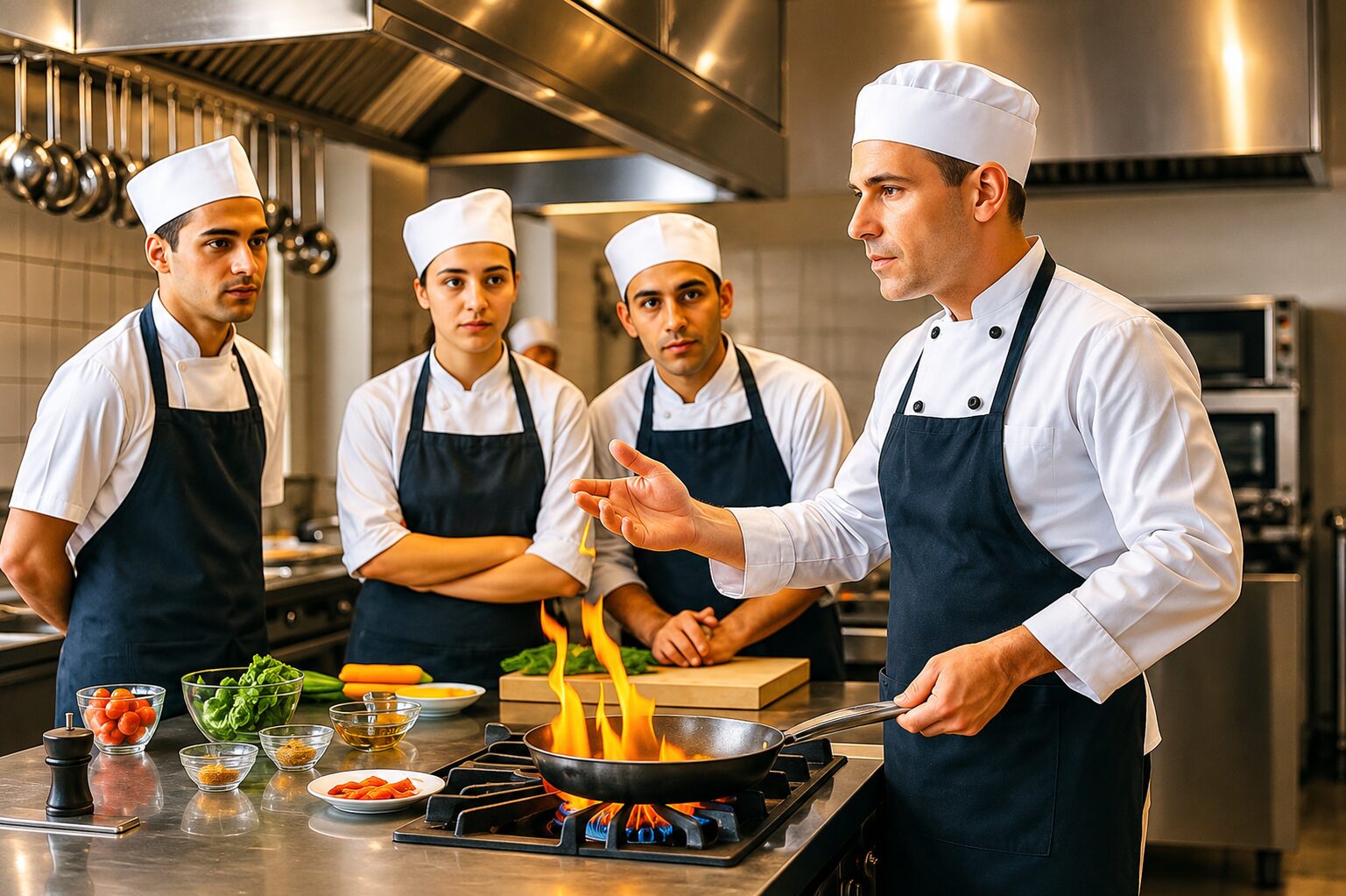 Profesor de cocina enseñando técnicas culinarias de forma práctica a un grupo de alumnos